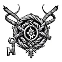 a symbol conveying confidence, strength to the female wearer.  Include a key and whip. tattoo design idea