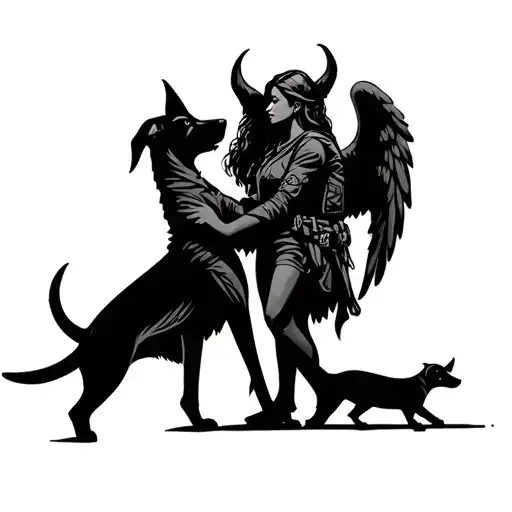 For mother and me: both angels and devils to each other but love us, I am a soldier she loves dogs tattoo design idea