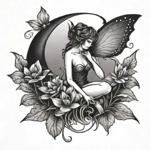 silhouette of a small fairy on a small crescent moon with water lillies and violets simple tattoo  tattoo design idea