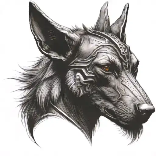 realistic head of anubis mixed with that of a beauceron tattoo design idea