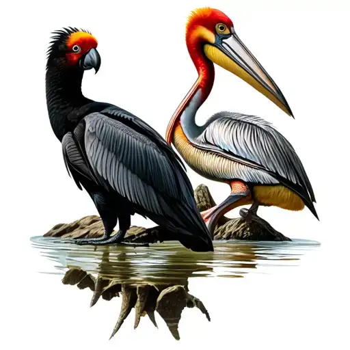 black cockatoo, scarlet ibis and brown pelican close up shot tattoo design idea