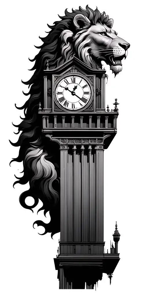 lion and clock tower tattoo design idea