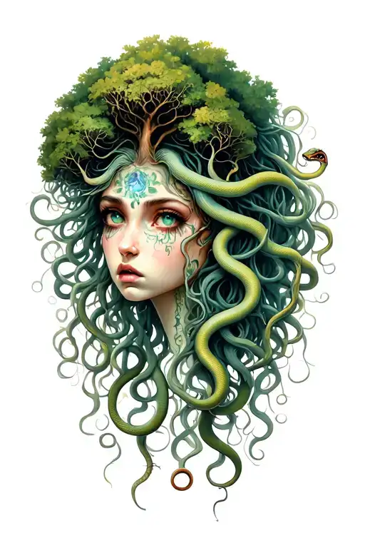 Sad medusa with semicolon iris, 9 snake heads 3 hissing, 6 calm. With a poison tree on her forehead & neda over her hear tattoo design idea