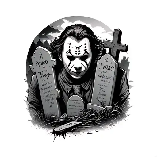 Michael myers, Jason voorhees, pennywise, ghost face, Freddy Kruger in a graveyard tattoo design idea