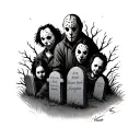 Michael myers, Jason voorhees, pennywise, ghost face, Freddy Kruger in a graveyard tattoo design idea
