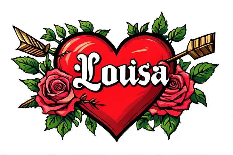 Louisa name in arrow heart with roses around the heart lining - heart to be diagonal  tattoo design idea