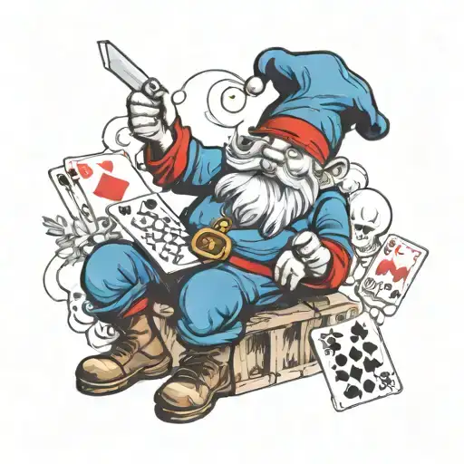an garden gnome, using a pointing red hat and a blue outfit, this playing card games (but not traditional card games) tattoo design idea