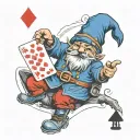 an garden gnome, using a pointing red hat and a blue outfit, this playing card games (but not traditional card games) tattoo design idea