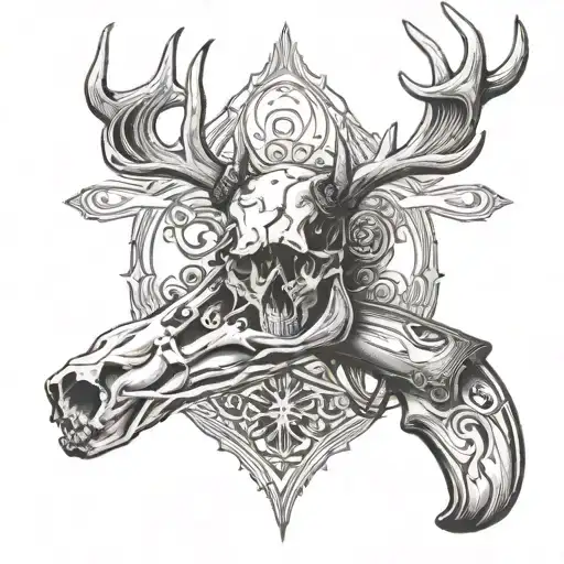 Whitetail deer skull with a person hunting with a gun  tattoo design idea