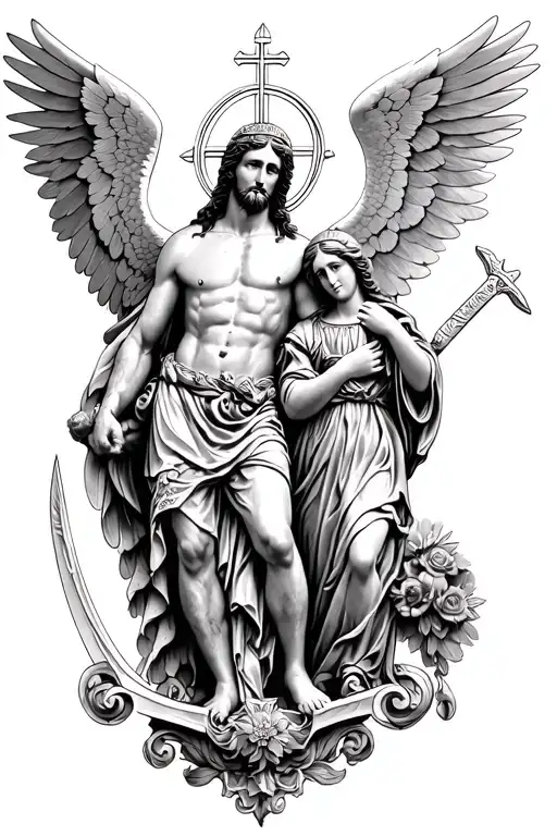 Saint Michael the Archangel with A sword and Jesus Christ and Maria  tattoo design idea