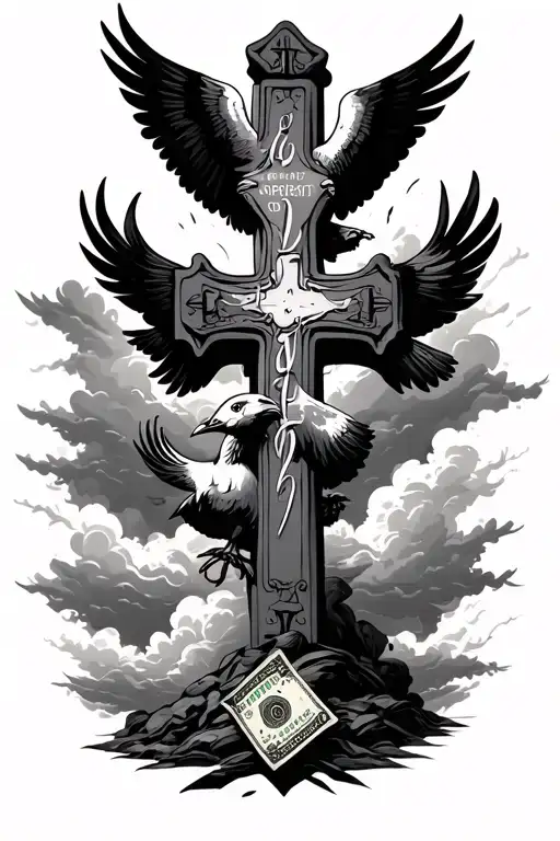 cross,cloudy,Only Fear God,Birds,Self Made,Money,Time,Blessed,Sky is the limit, tattoo design idea