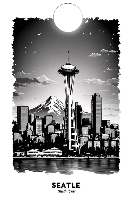 line drawing of Seattle Skyline w/ Space Needle, Smith Tower and Mt. Rainier. tattoo design idea