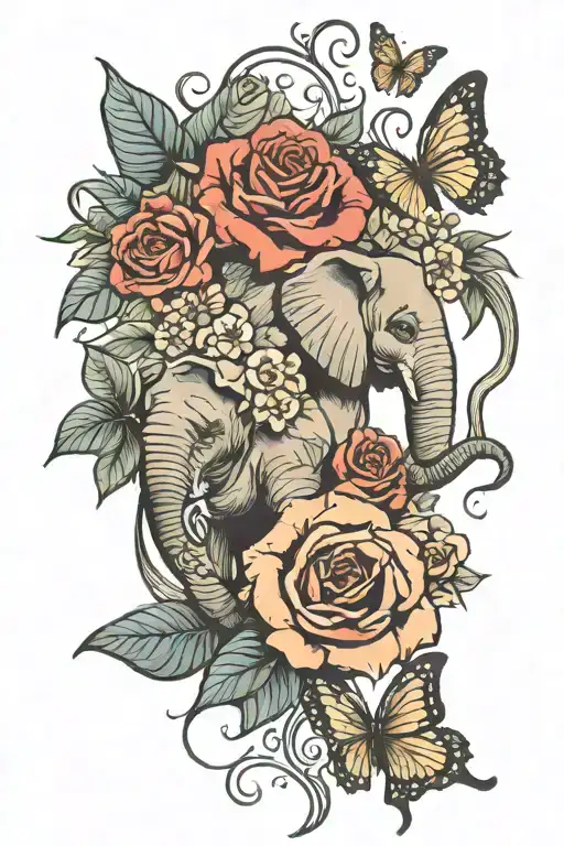 roses ,, flowers elephants and butterflies fluttering tattoo design idea