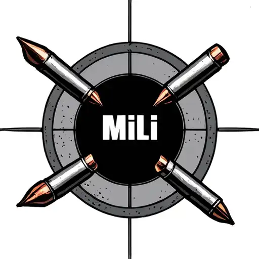 the name milli with target surrounded by bullet tattoo design idea