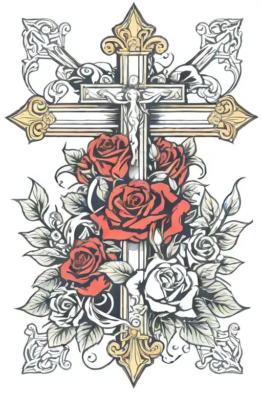 Romans 8:11 on top sacred heart of jesus cross surrounded by roses with thorns tattoo design idea