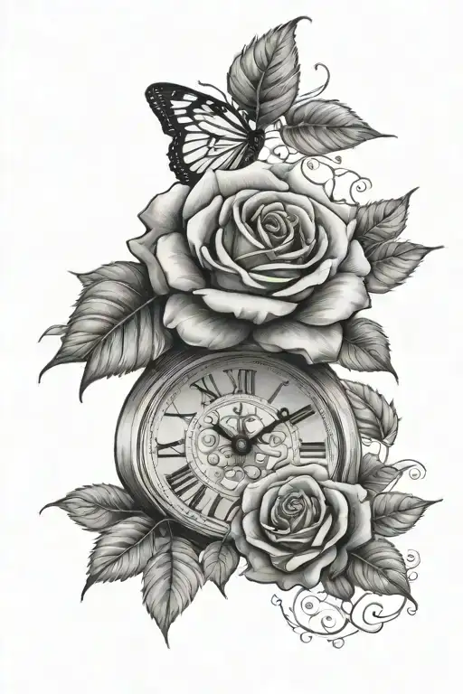 rose with leaves with 3:45 showing on roman numeral clock and butterflies  tattoo design idea