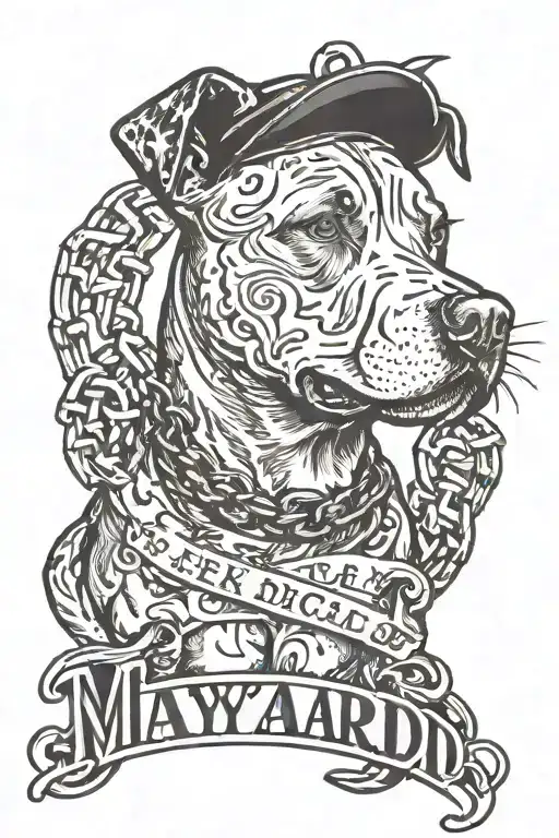 the name "maynard" with a pit bull on the back with broken chains below it tattoo design idea