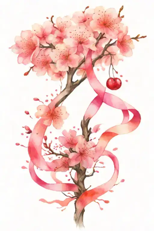 pink cancer ribbon with cherry blossom tree growing tattoo design idea