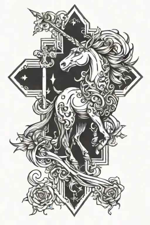 unicorn  and cross tattoo design idea