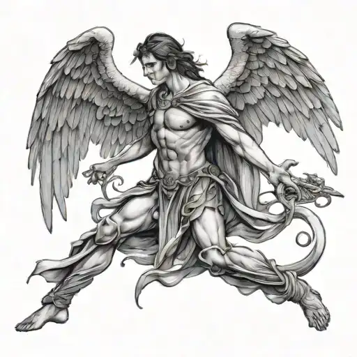 behind arch angel gabriel standing in ruins with hurt wings fighting demons and protecting heaven back tattoo tattoo design idea