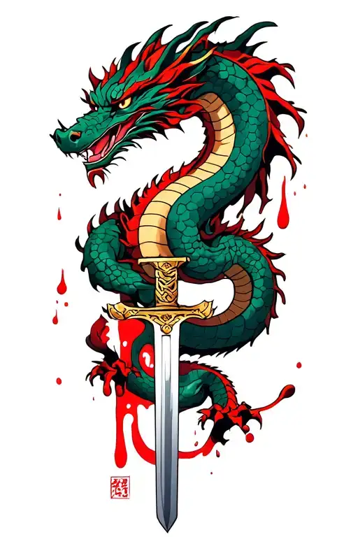 Dragon wrapped around sword and bleeding everywhere it touches tattoo design idea