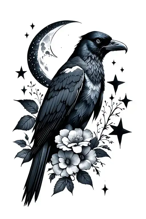 Shaded Mystic but elegant raven thigh piece featuring flowers, moon and stars and can compliment an existing piece.  tattoo design idea