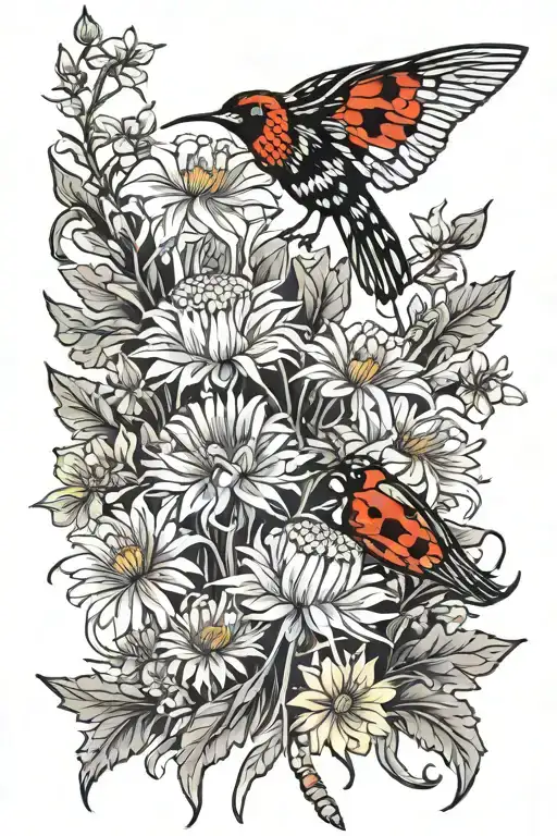 dandelion and wallflowers coming out of concrete with bird and ladybug  tattoo design idea
