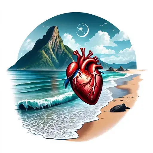 Combine a beach and mountain landscape with a heart rhythm pattern tattoo design idea