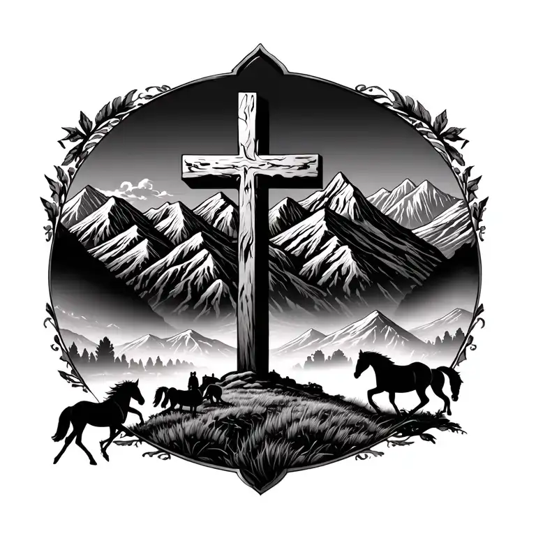 cross surrounded by mountains at the bottom and horses running in a field at the base of the mountains tattoo design idea