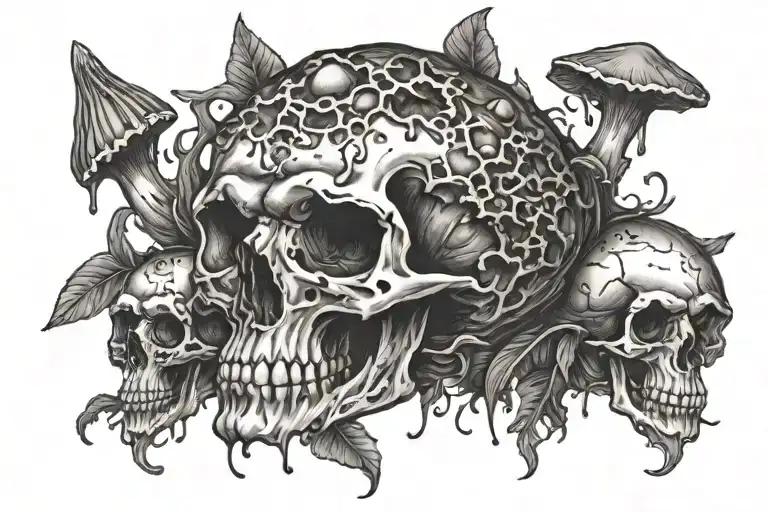 rotting mushrooms with a skull surrounded tattoo design idea