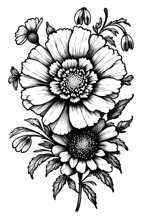 carnation, snowdrop, marigold and cosmos flowers tattoo design idea