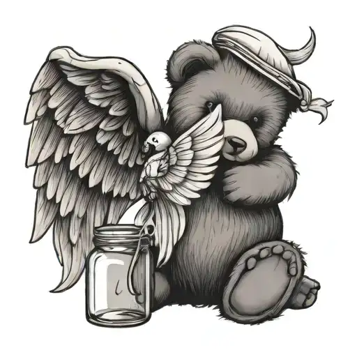 Teddy bear with angel wings holding jar of dragon flies tattoo design idea