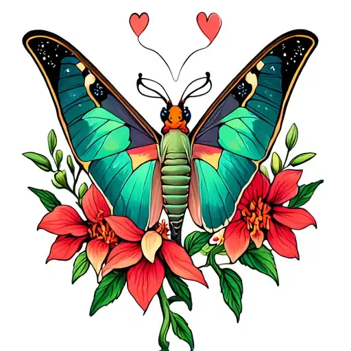 Neotraditional tattoo design of a Luna moth underneath an arch of some bleeding hearts flowers with Indian paintbrush tattoo design idea