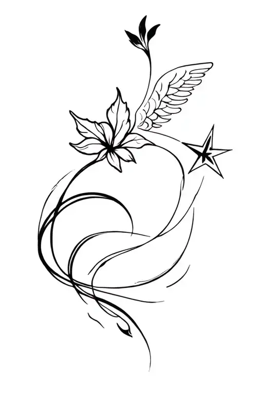 Gently flowing horizontal line, connecting an oak leaf, a morning glory flower, angel wing and a small star with a wave tattoo design idea