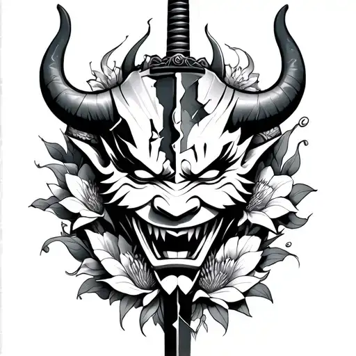 an oni mask, broken into 2 parts, with lycoris flowers around it and a katana in the middle of the mask tattoo design idea