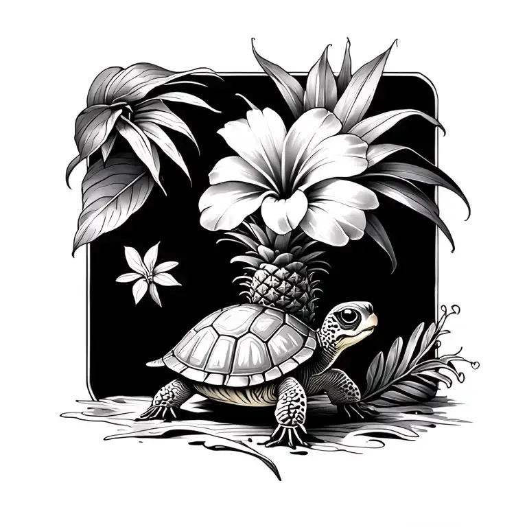 A baby turtle, a mini pineapple and a small frangipanier flower fine line followed by spiritual lines tattoo design idea