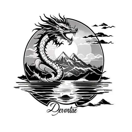 a Japanese style line work tattoo with a dragon, a little water, a sun, a mountain and the name Devontae small details tattoo design idea