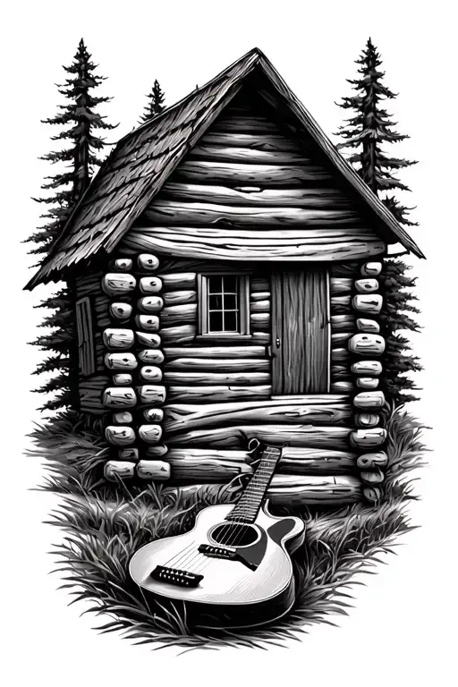 Log Cabin With An Acoustic Guitar Nature Scene  tattoo design idea