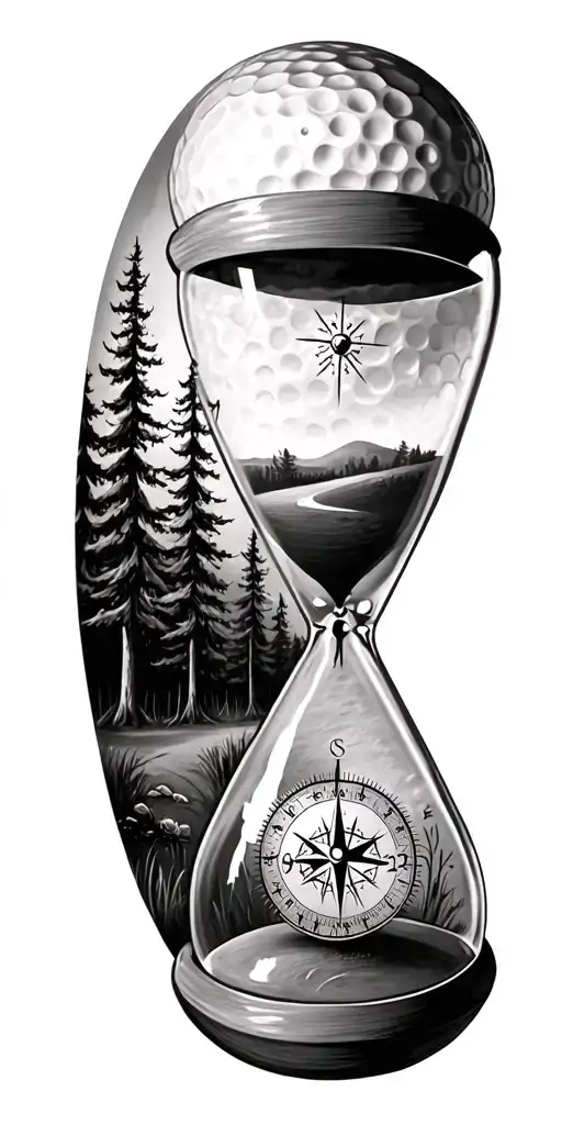 family and forest and hour glass and compass golf course golf ball tattoo design idea