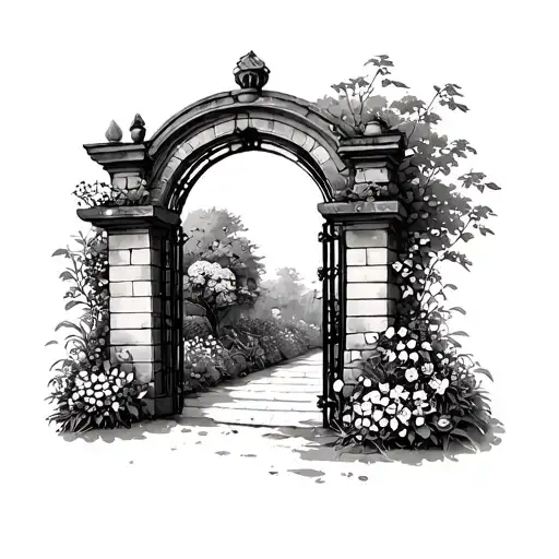 garden with gate opening tattoo design idea
