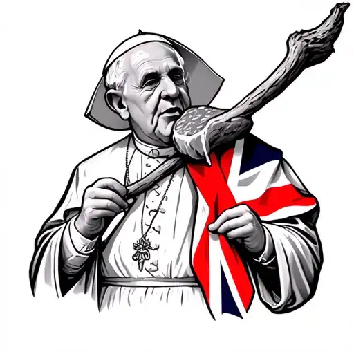 the pope eating a large beef stake draped in the English flag tattoo design idea