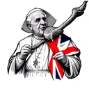 the pope eating a large beef stake draped in the English flag tattoo design idea