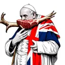 the pope eating a large beef stake draped in the English flag tattoo design idea