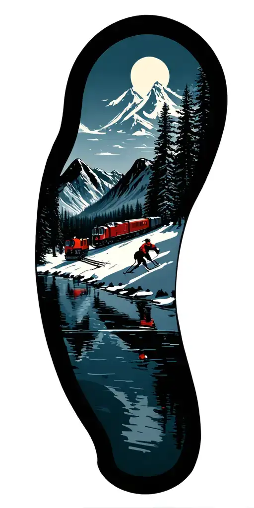 pond hockey with mountains and trains tattoo design idea