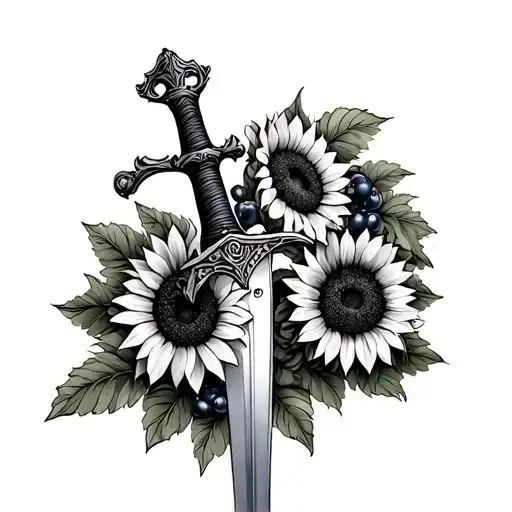 a sword surrounded by sunflowers and huckleberries  tattoo design idea
