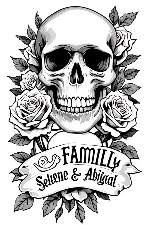 skull and roses with family written across and the names Selene and Abigail under that.  tattoo design idea