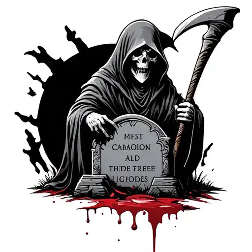 Black and white traditional tattoo style grim reaper with headstone and scythe with blood tattoo design idea