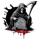 Black and white traditional tattoo style grim reaper with headstone and scythe with blood tattoo design idea