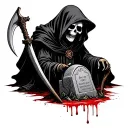 Black and white traditional tattoo style grim reaper with headstone and scythe with blood tattoo design idea