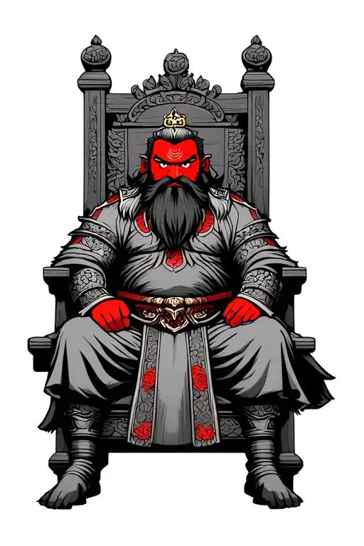 A chinese warrior king with a red face, bulging eyes,and a long beard, sitting on a throne tattoo design idea